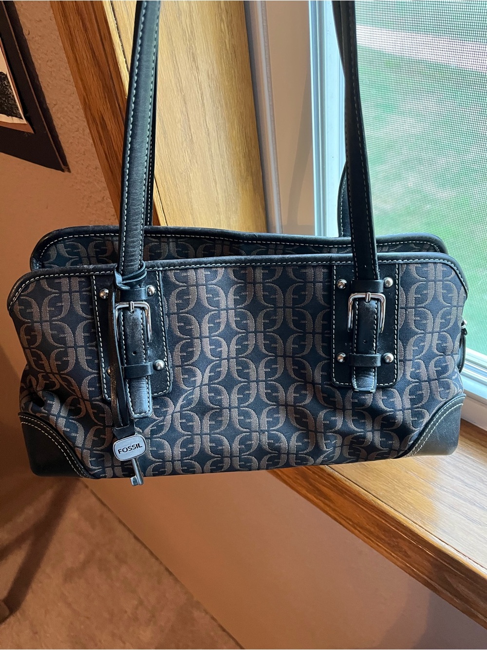 Fossil Brown and Black Monogram Jacquard Leather Satchel Bag Y2K